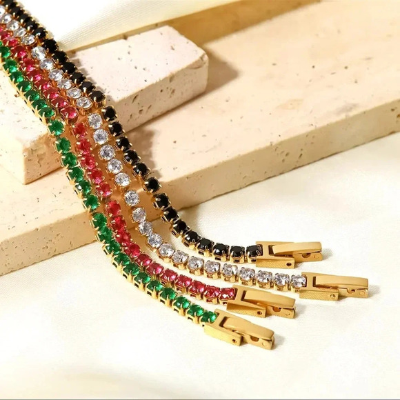 Zirconia Tennis 18K Gold Stainless Steel Waterproof Gold Gemstone Bracelet - Picture 8 of 11